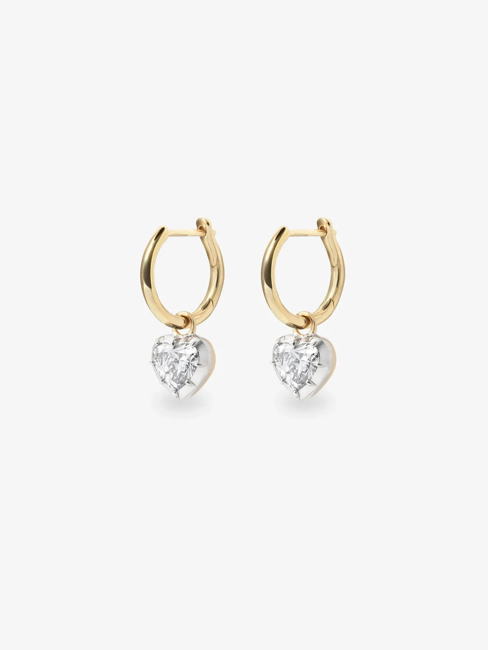 Heart Cut Diamond Drop Huggie Earrings, Two-Tone Heart Dangle Hoop Earrings