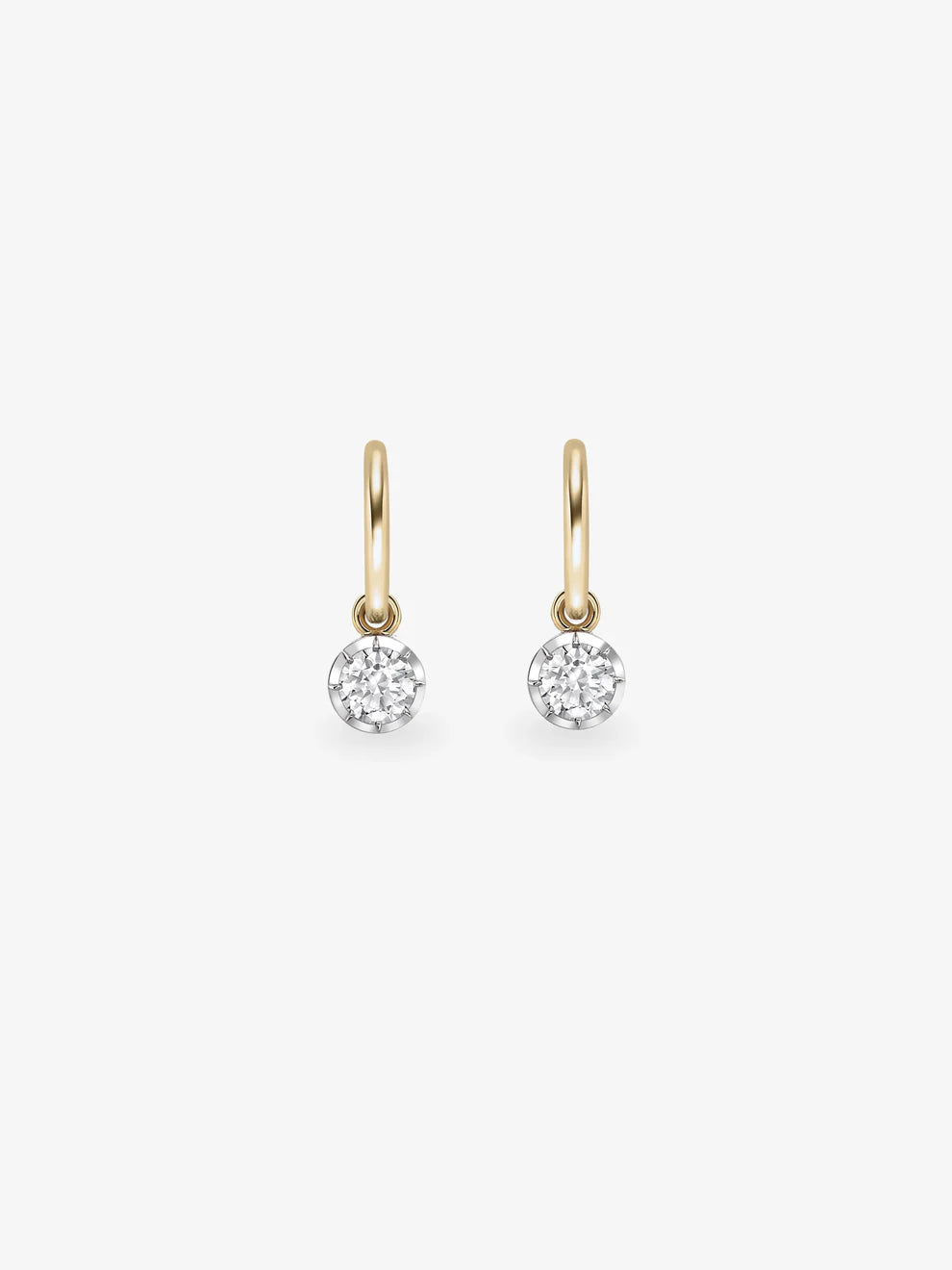 Round Cut Diamond Dangle Huggie Earrings, Two-Tone Gold Elegant Hoop Earrings