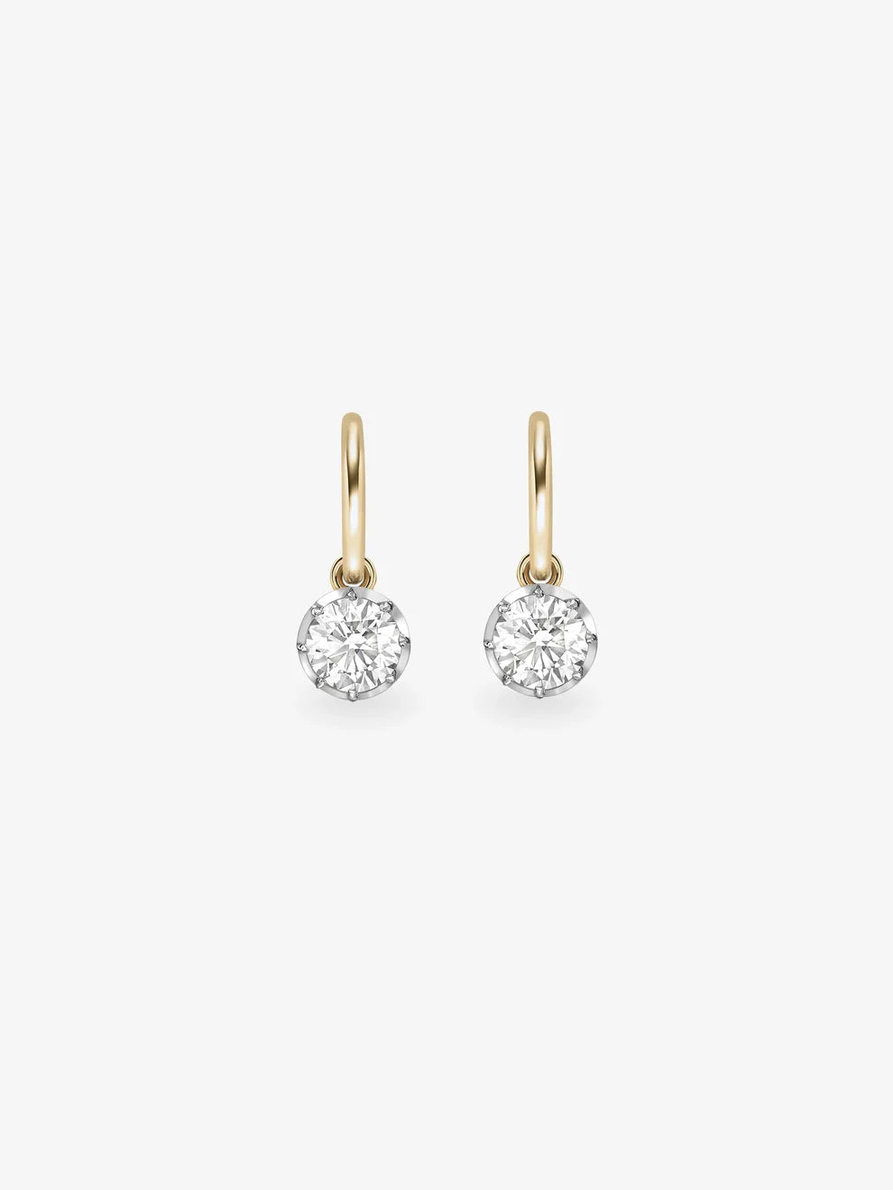 Round Cut Diamond Drip Huggie Earrings, Two-Tone Gold Drop Hoop Earrings
