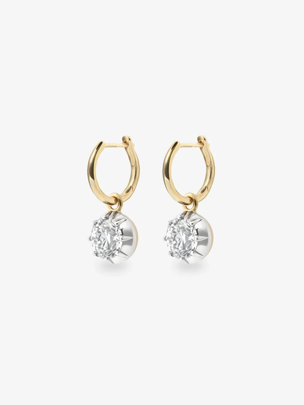 Round Cut Diamond Dangle Huggie Earrings, Two-Tone Gold Elegant Hoop Earrings