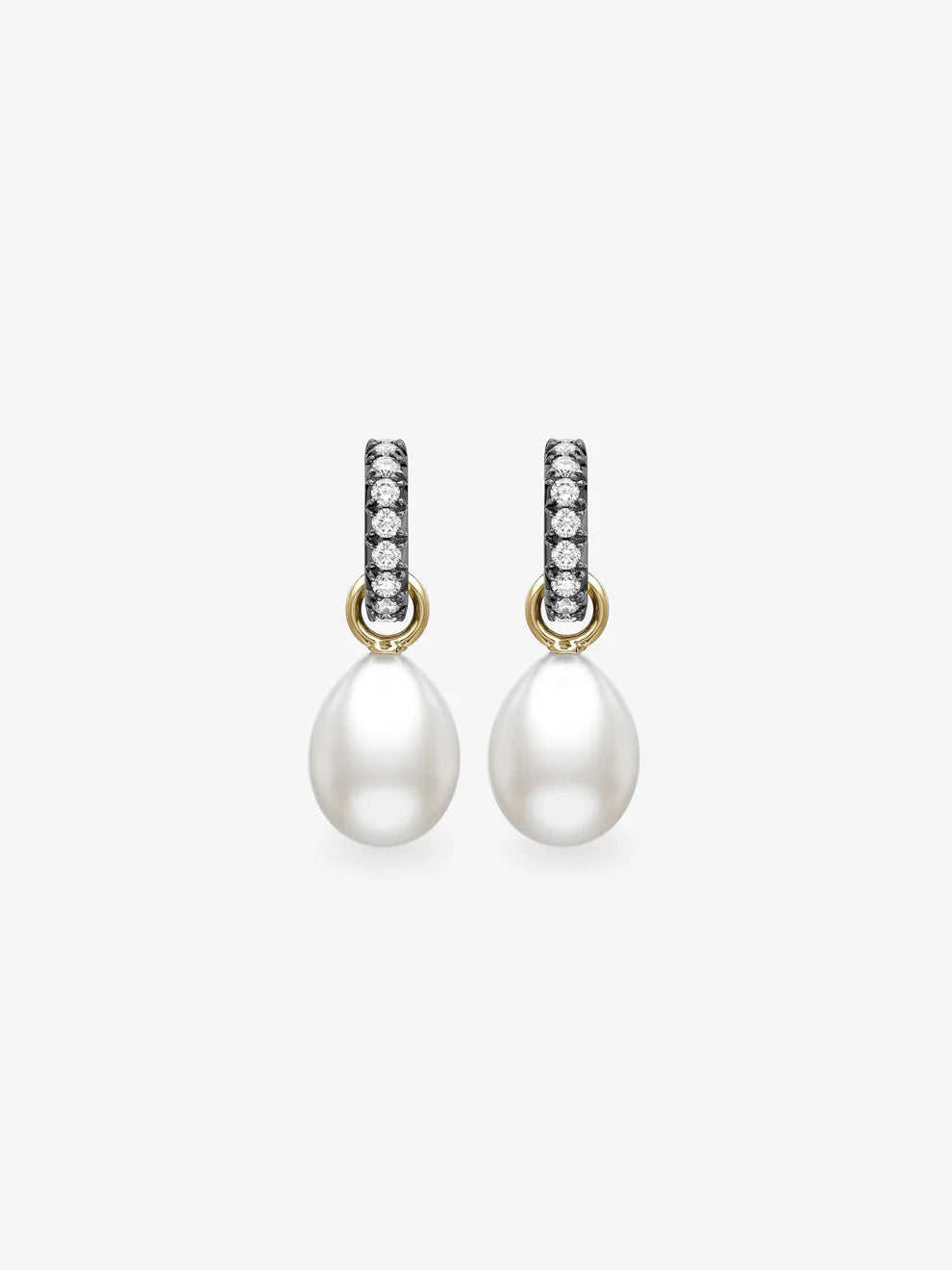 Teardrop Pearl Dangle Huggie Hoop Earrings, Two-Tone Blackened & Yellow Gold Pavé Diamond Earrings