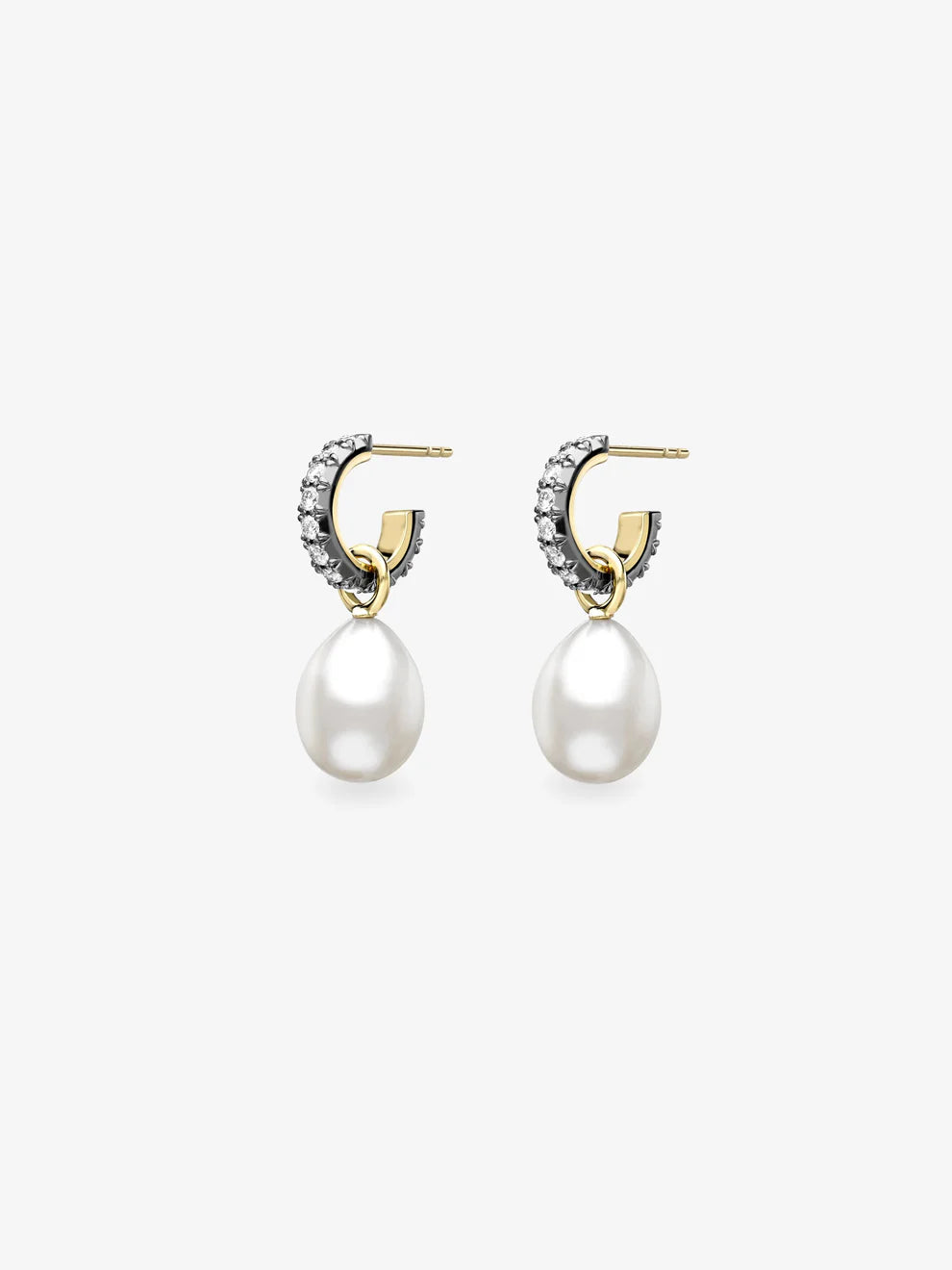 Teardrop Pearl Dangle Huggie Hoop Earrings, Two-Tone Blackened & Yellow Gold Pavé Diamond Earrings