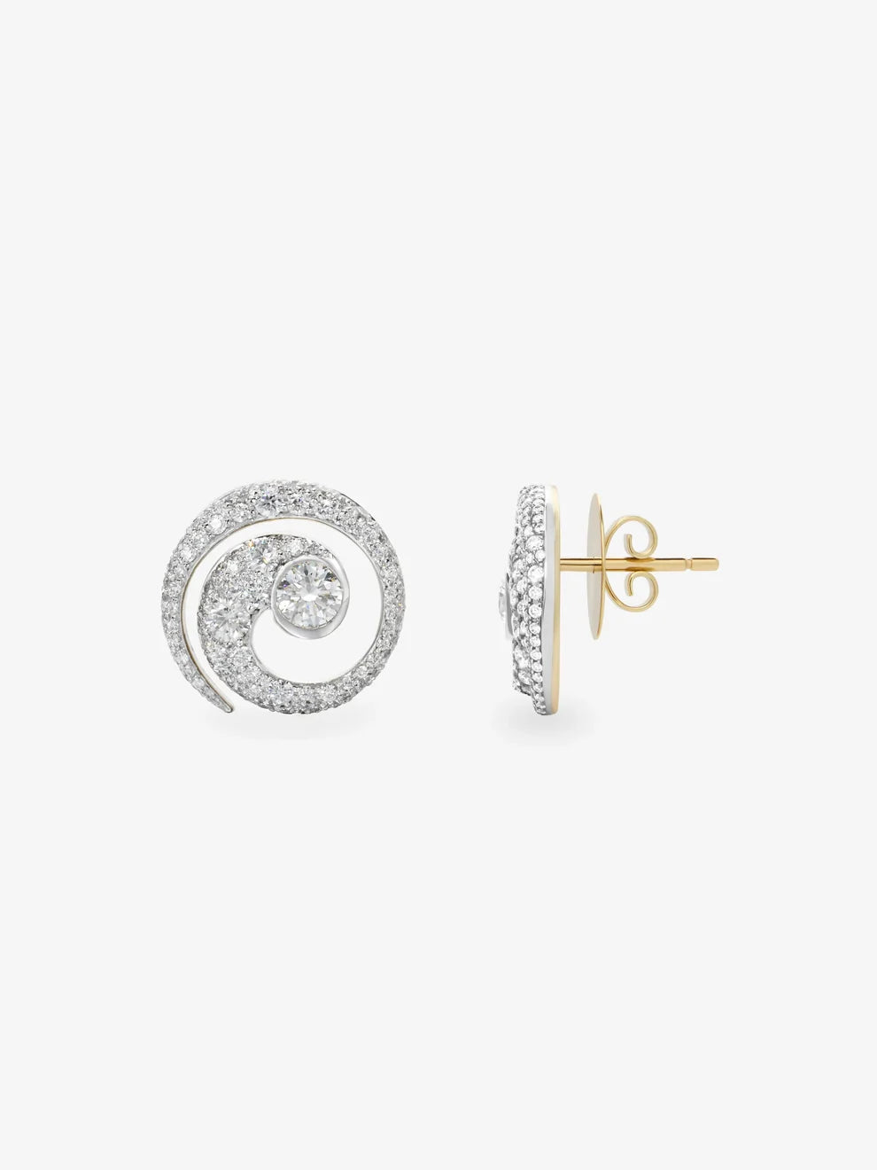 Round Cut Lab Grown Diamond Swirl Stud Earrings, Spiral Pavilion Diamond Earrings