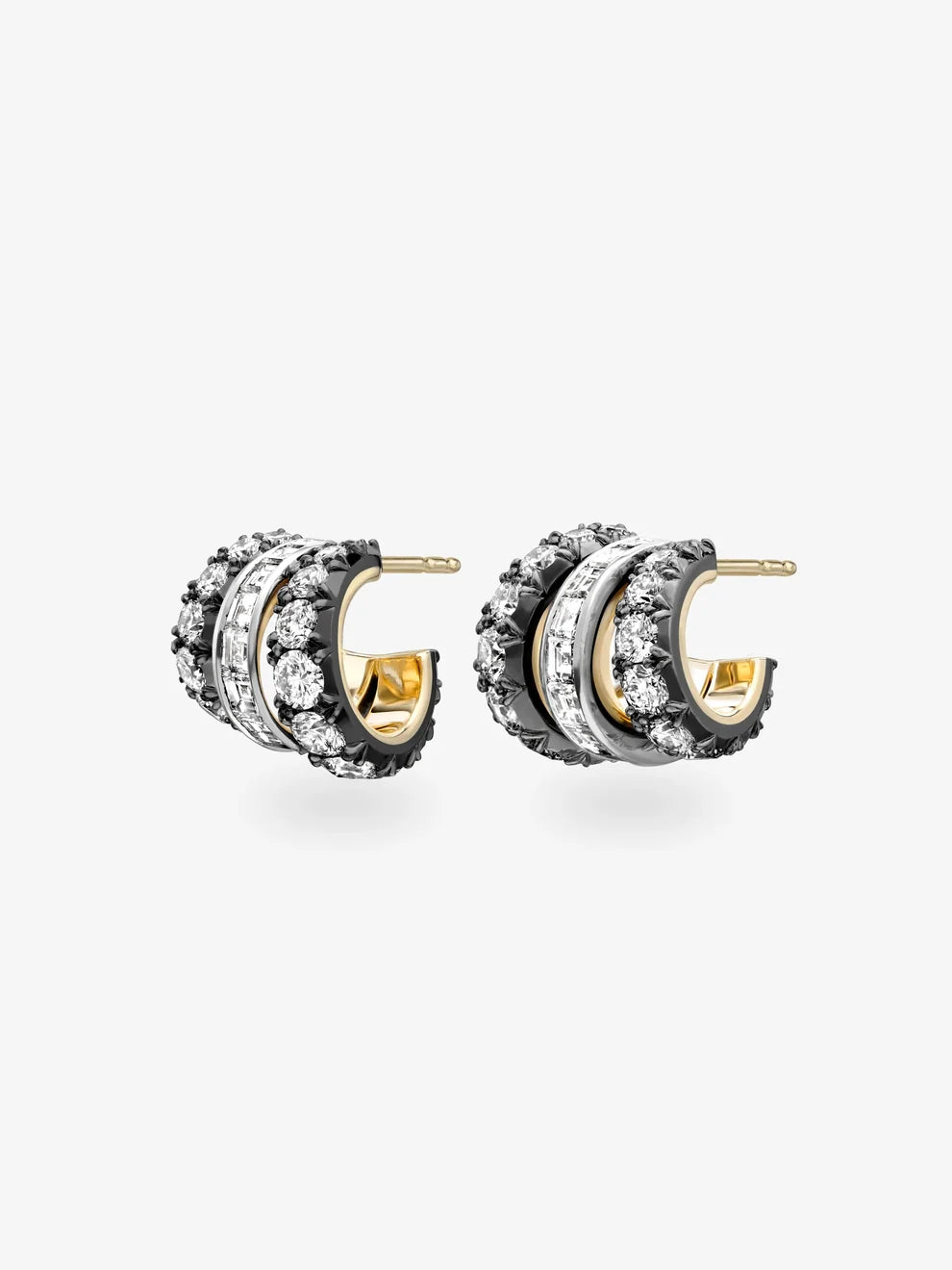 Multi-Row Round and Baguette Diamond Hoop Earrings