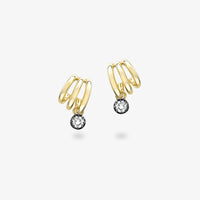Triple Band Hoop Diamond Drop Earrings, Multi-Row Yellow Gold Huggie Earrings