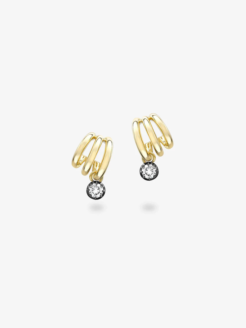 Triple Band Hoop Diamond Drop Earrings, Multi-Row Yellow Gold Huggie Earrings
