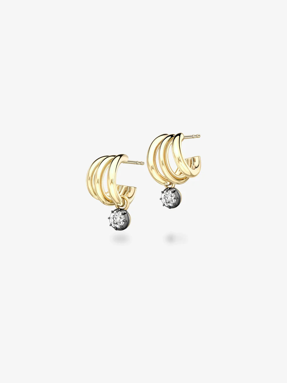 Triple Band Hoop Diamond Drop Earrings, Multi-Row Yellow Gold Huggie Earrings