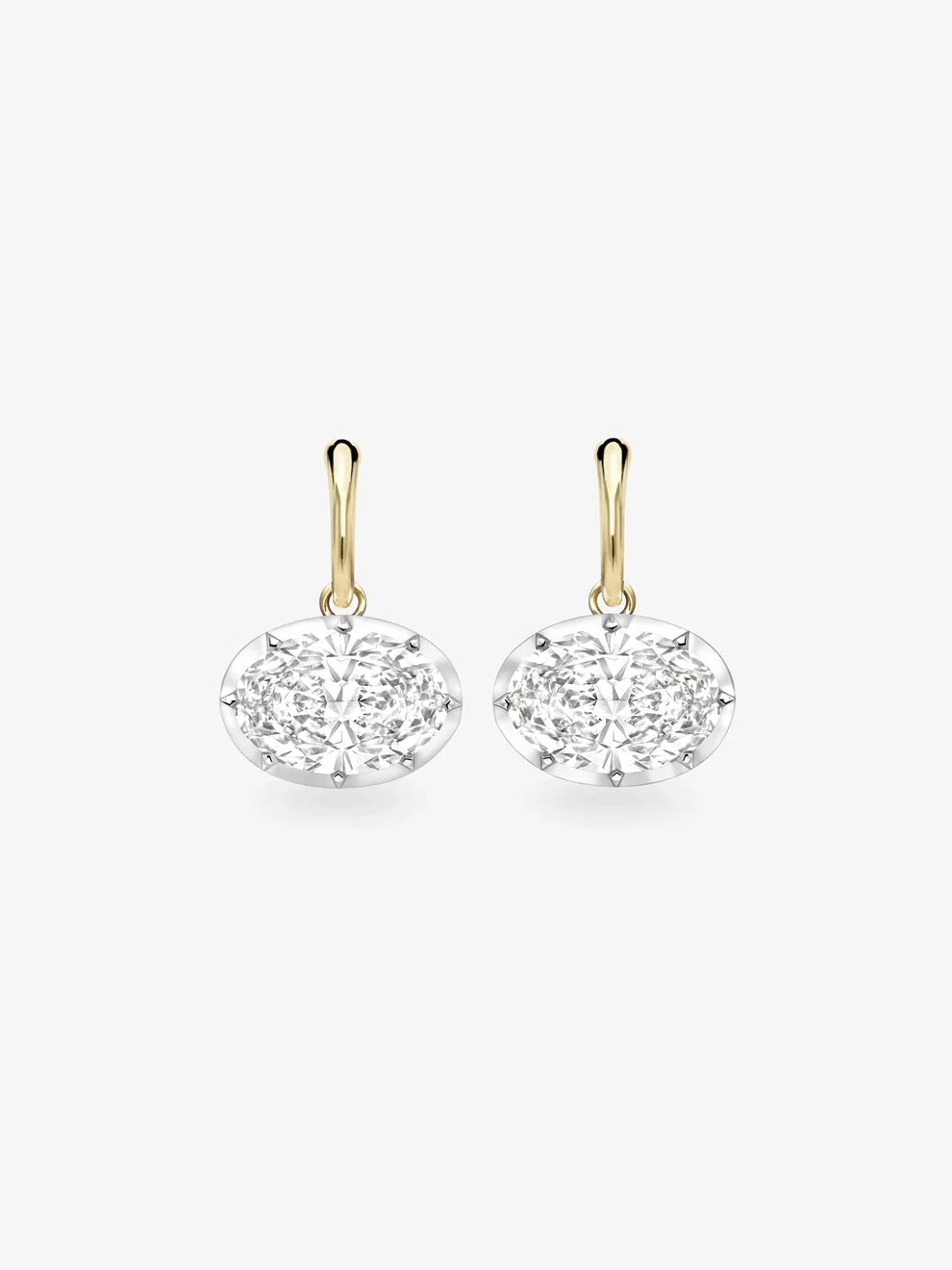 East-West Oval Diamond Drop Hoop Earrings, Two-Tone Solitaire Dangle Earrings,