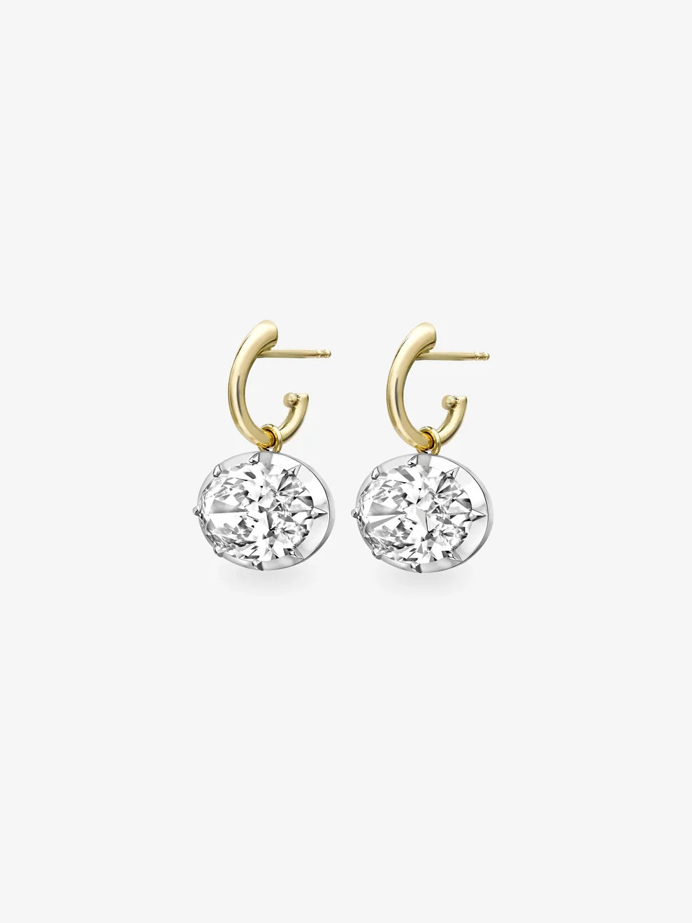 East-West Oval Diamond Drop Hoop Earrings, Two-Tone Solitaire Dangle Earrings,