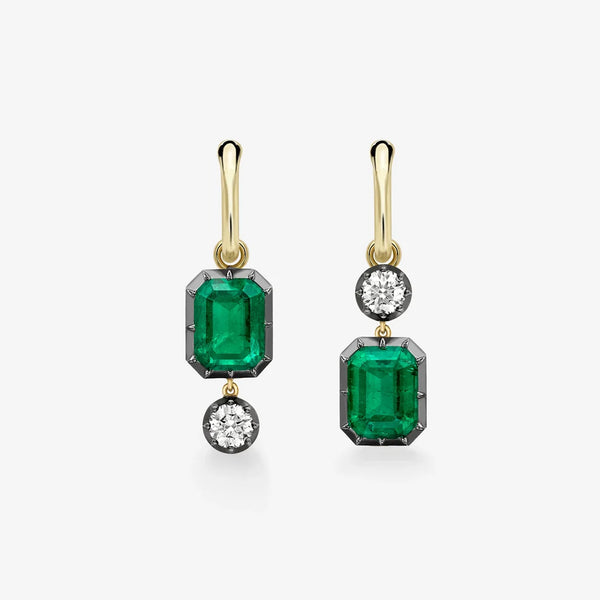 Asymmetrical Emerald Cut Emerald and Round Diamond Drop Hoop Earrings