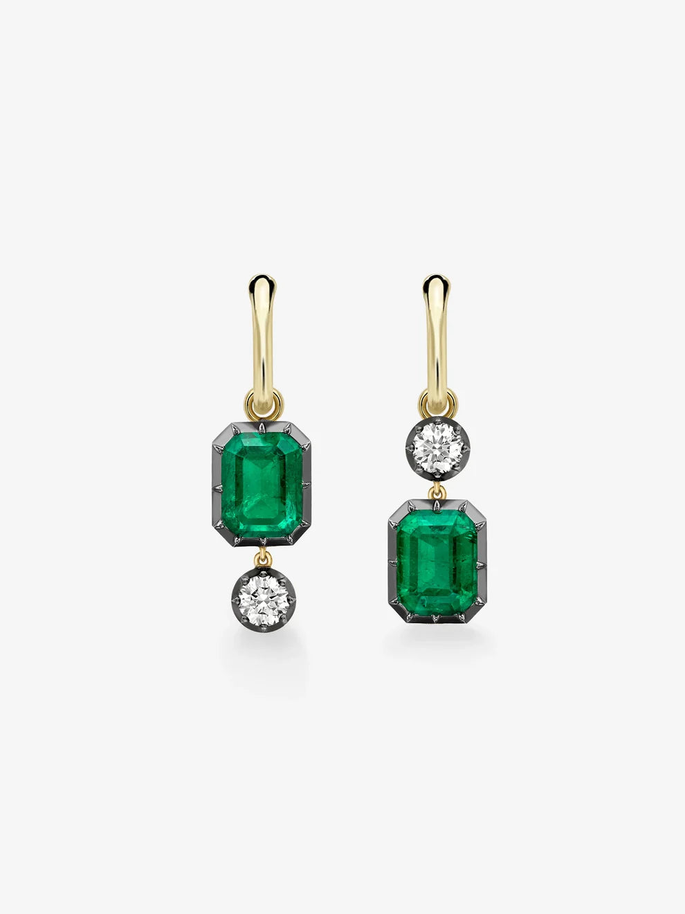 Asymmetrical Emerald Cut Emerald and Round Diamond Drop Hoop Earrings