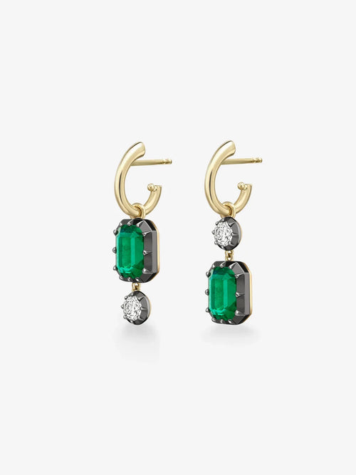 Asymmetrical Emerald Cut Emerald and Round Diamond Drop Hoop Earrings