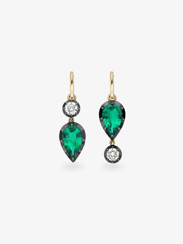 Pear Cut Lab Created Emerald & Round Diamond Asymmetrical Drop Earrings