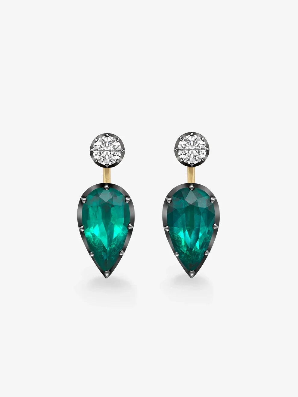 Pear Cut Emerald and Diamond Two-Tone Drop Earrings, Blackened Gold Pear Gemstone Earrings