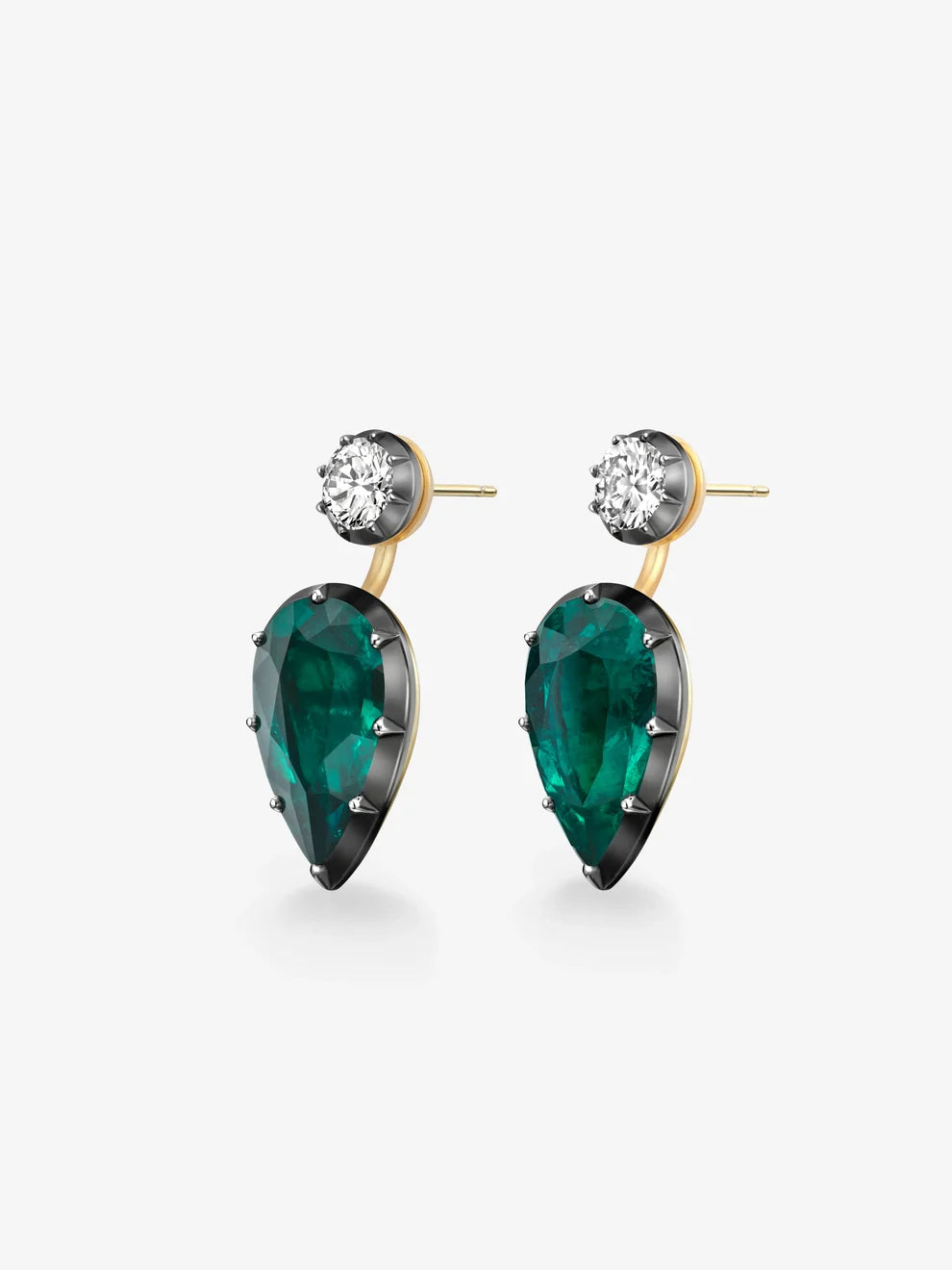 Pear Cut Emerald and Diamond Two-Tone Drop Earrings, Blackened Gold Pear Gemstone Earrings