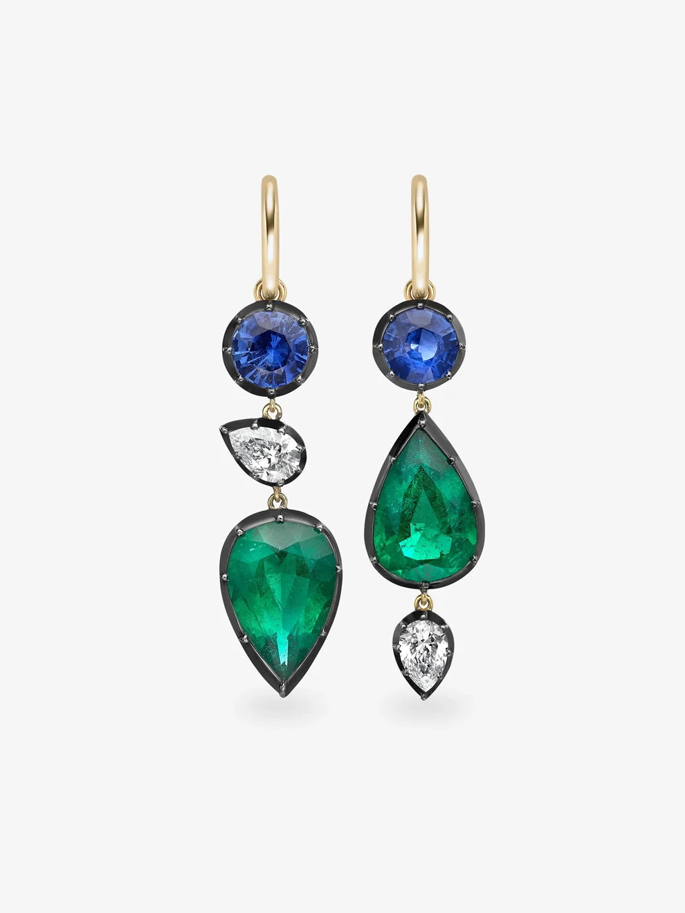 Asymmetrical Pear Cut Emerald, Sapphire and Diamond Drop Hoop Earrings