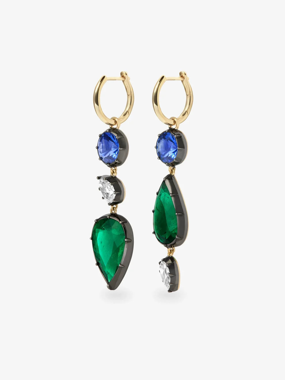 Asymmetrical Pear Cut Emerald, Sapphire and Diamond Drop Hoop Earrings
