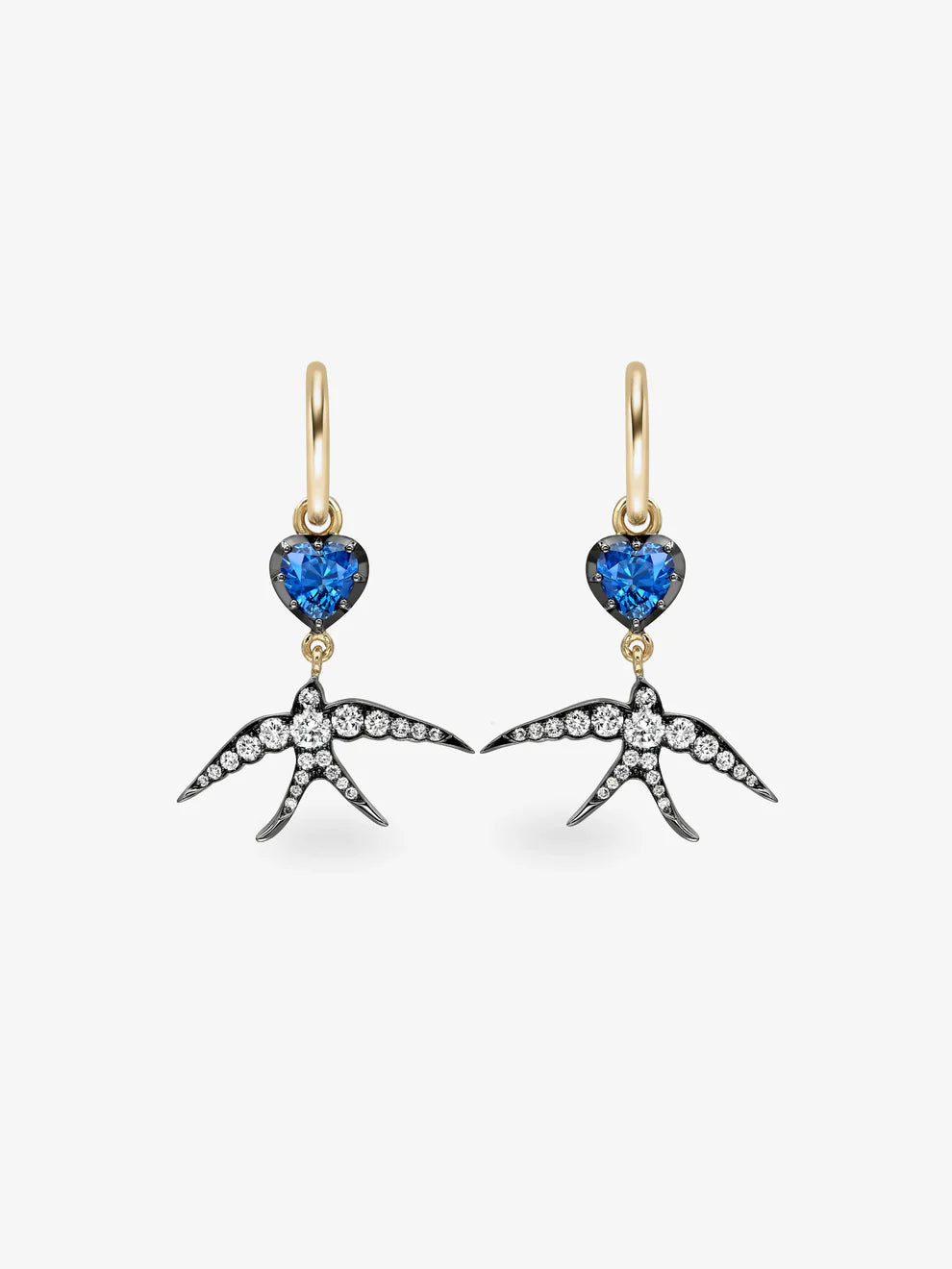 Blue Sapphire Heart & Swallow Bird Diamond Dangle Huggie Earrings