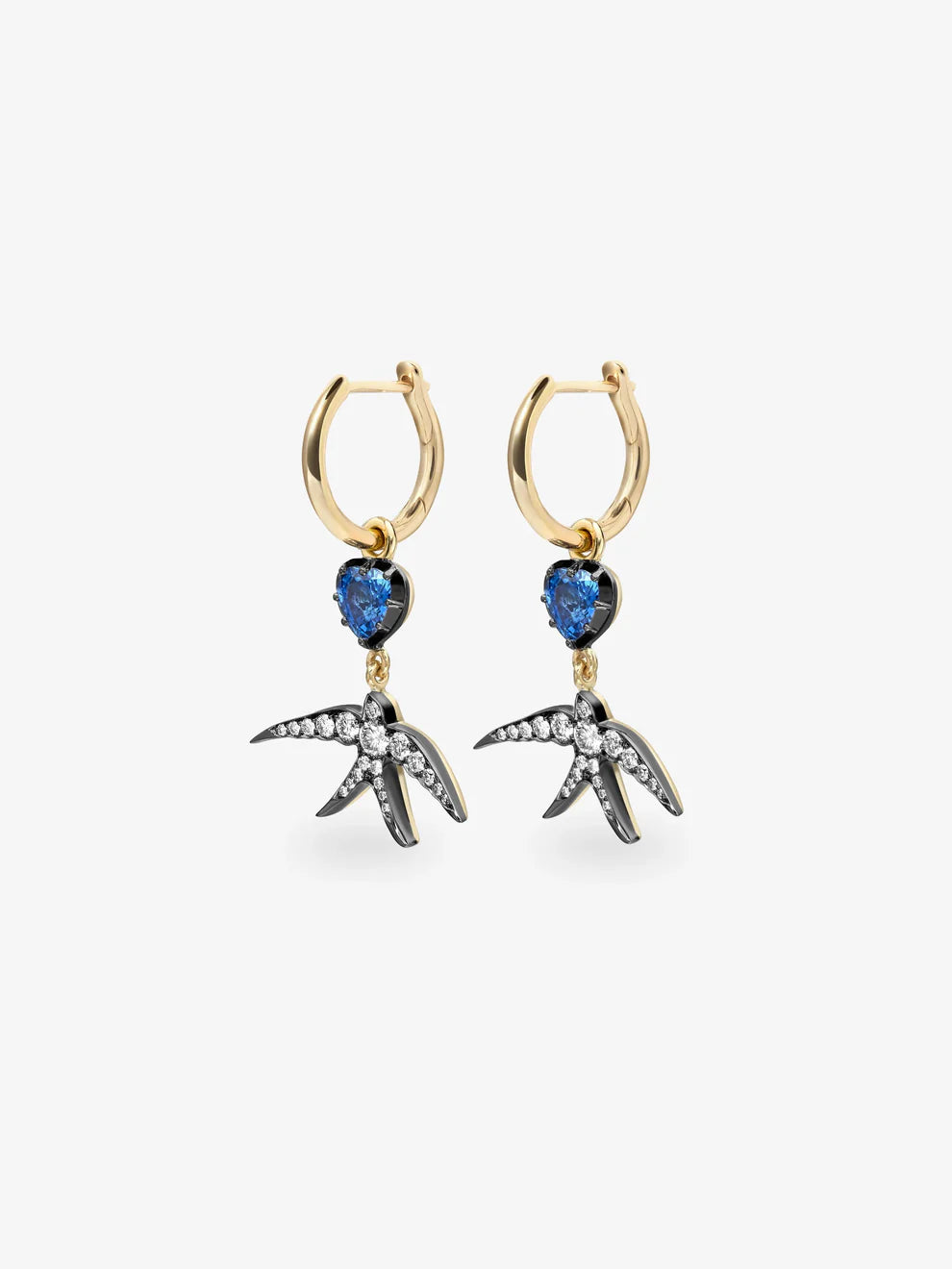 Blue Sapphire Heart & Swallow Bird Diamond Dangle Huggie Earrings