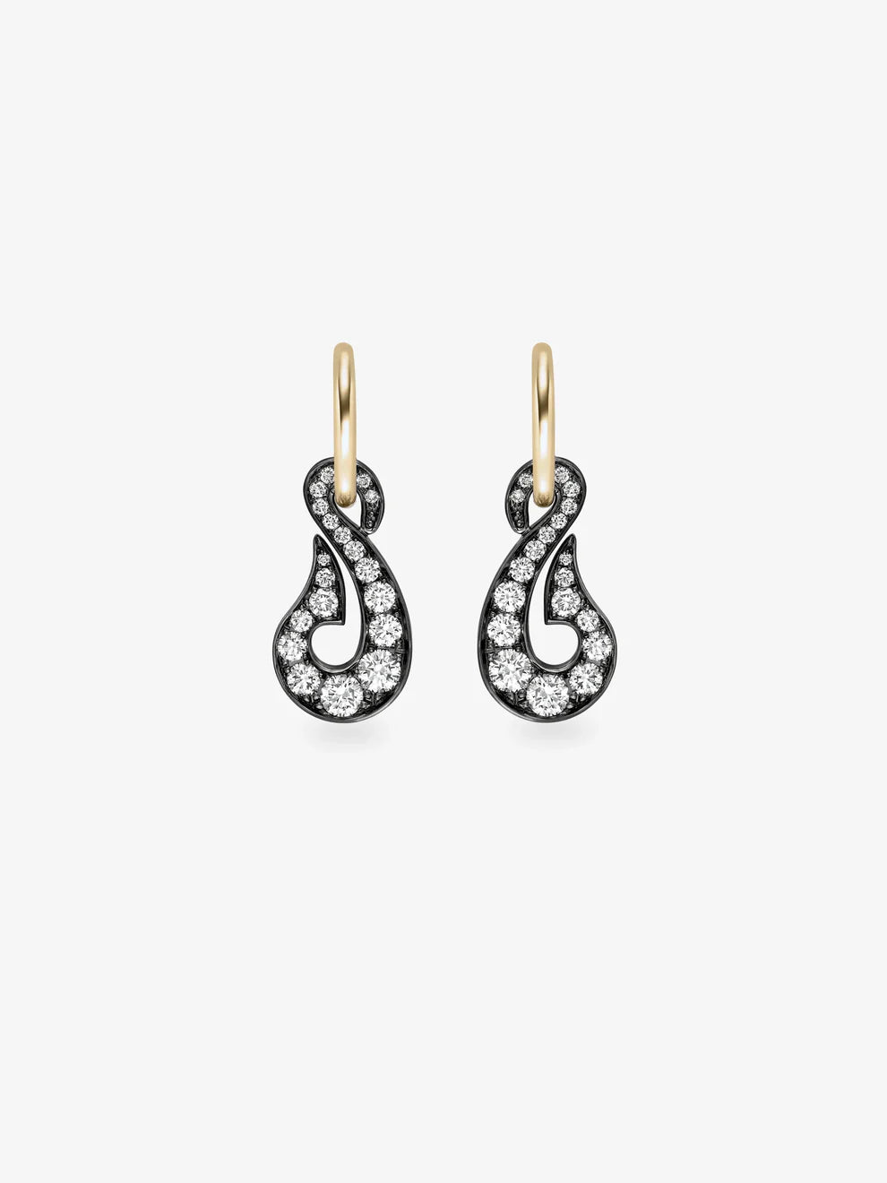 Diamond Swirl Dangle Huggie Earrings, Two-Tone Blackened & Yellow Gold Hoop Earrings