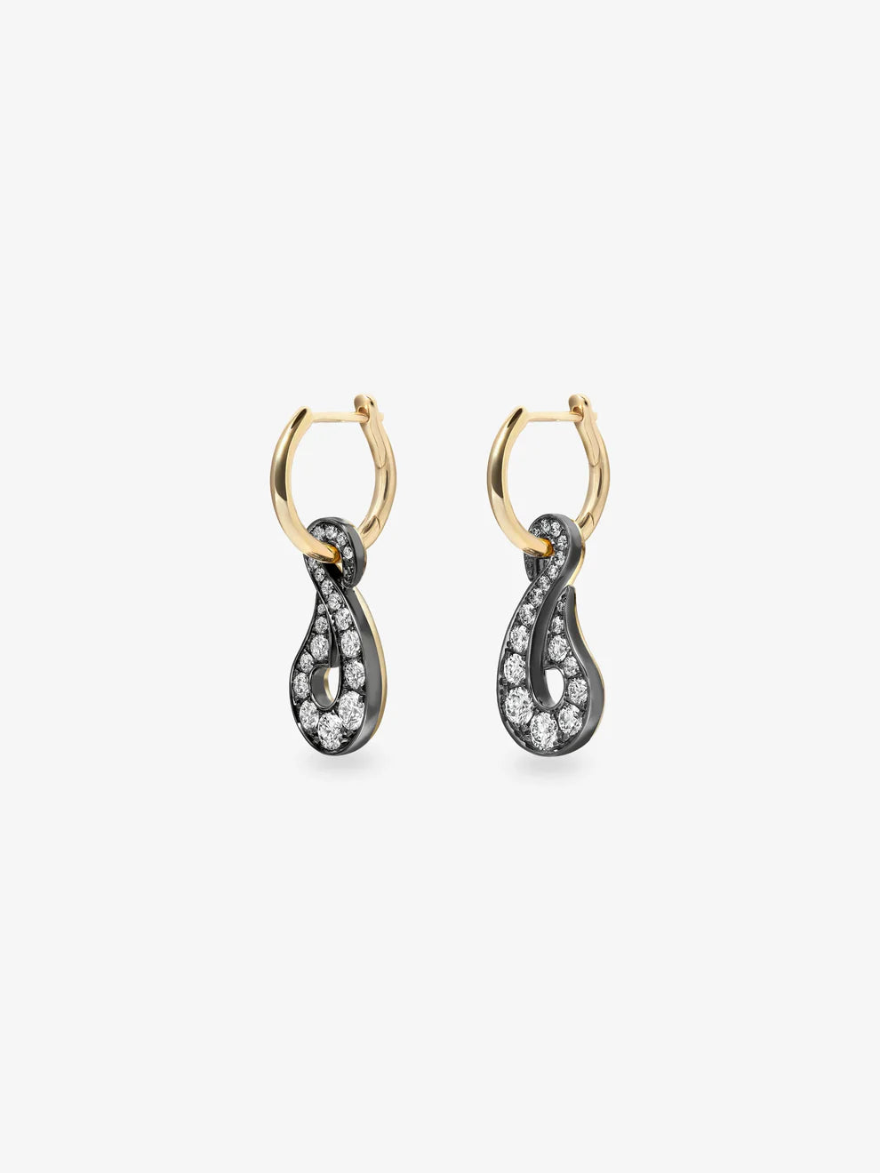 Diamond Swirl Dangle Huggie Earrings, Two-Tone Blackened & Yellow Gold Hoop Earrings
