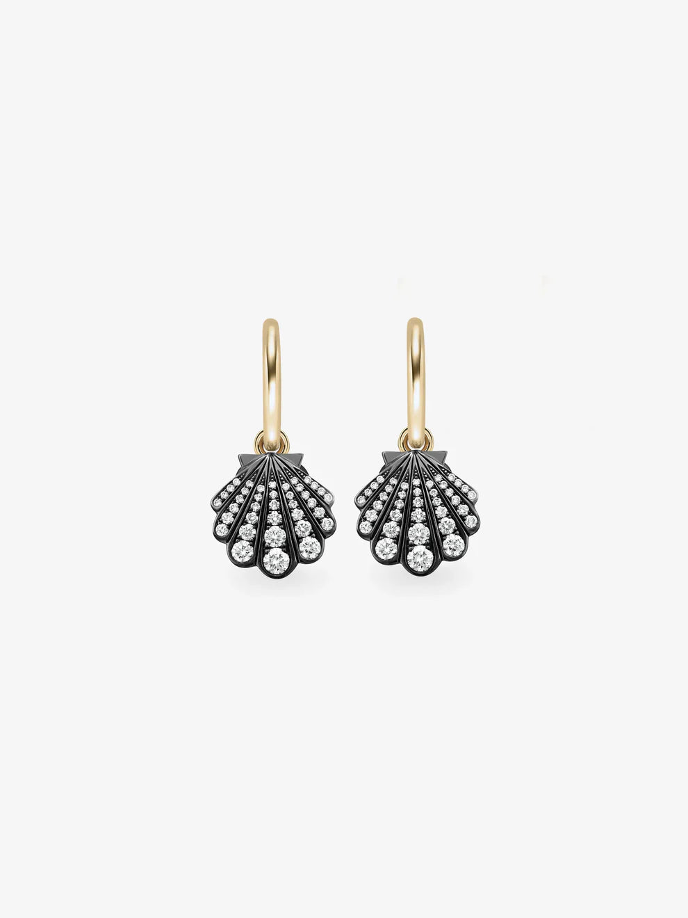 Diamond Sea Shell Charm Huggie Earrings, Black Rhodium Ocean-Inspired Gold Drop Earrings