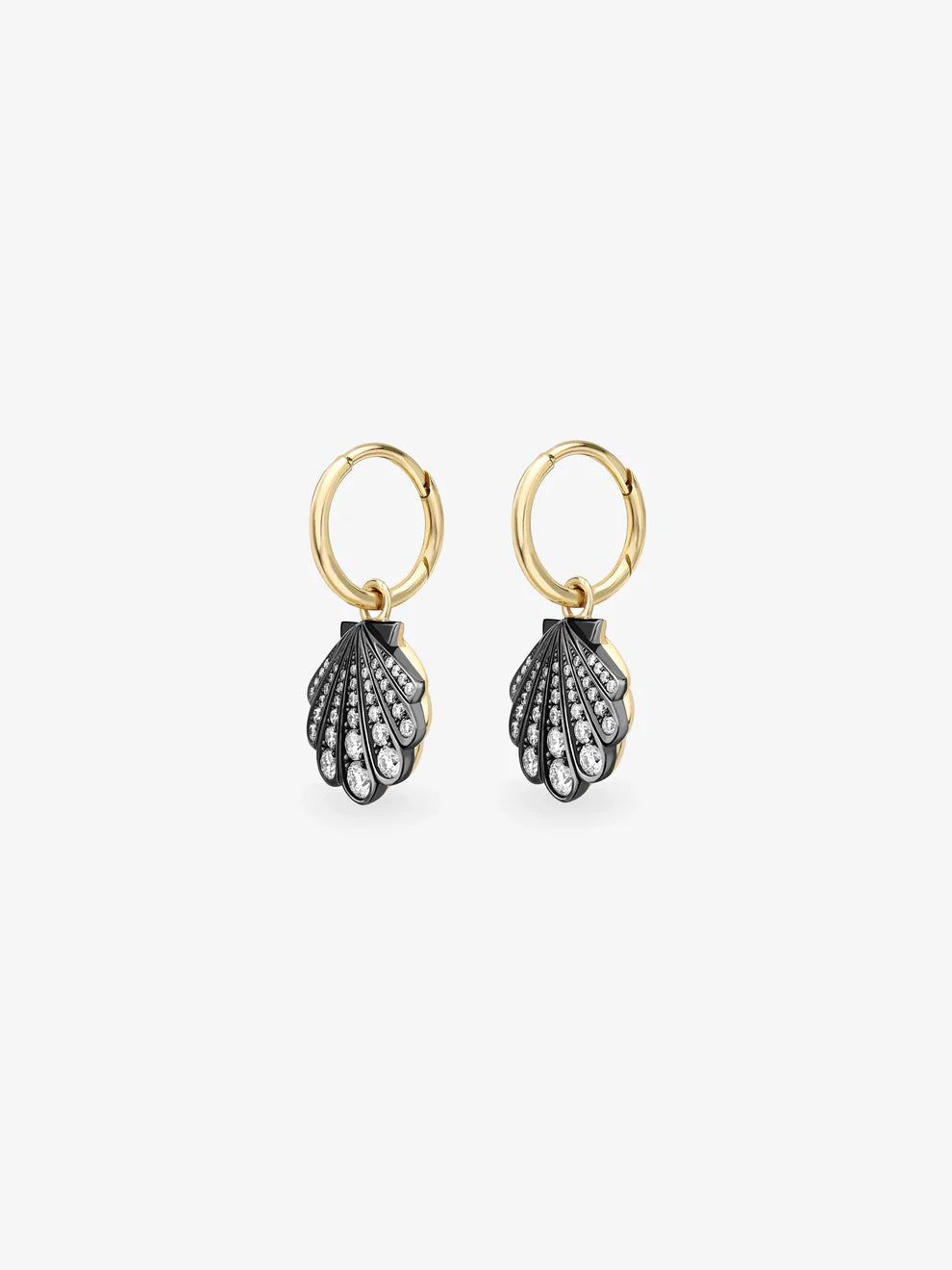 Diamond Sea Shell Charm Huggie Earrings, Black Rhodium Ocean-Inspired Gold Drop Earrings