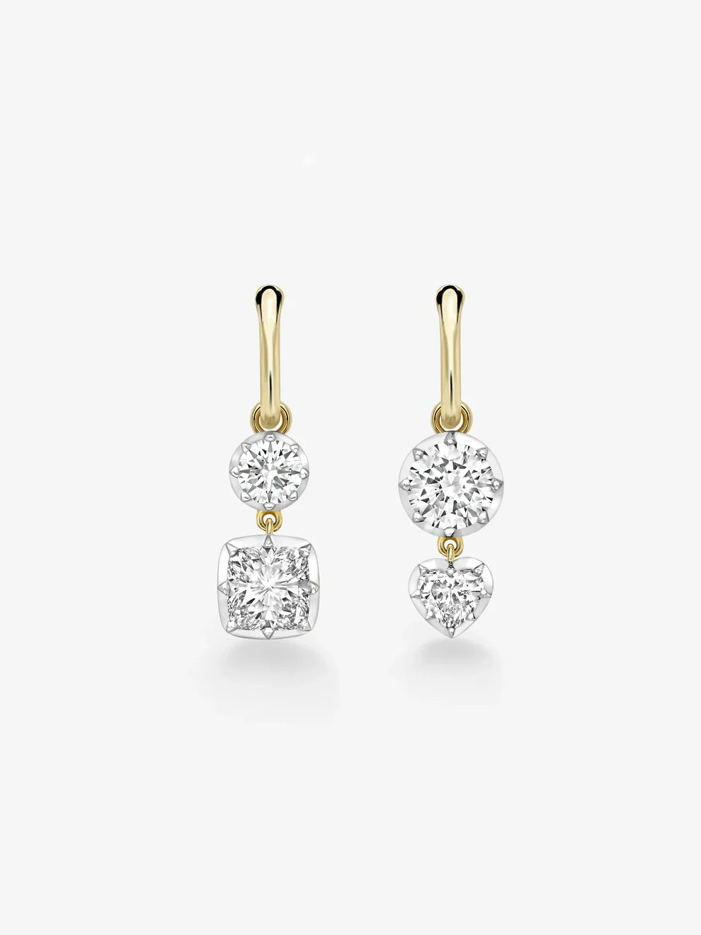 Asymmetrical Multi-Shape Diamond Drop Hoop Earrings, Yellow Gold Two-Tone Mismatched Bridal Earrings,