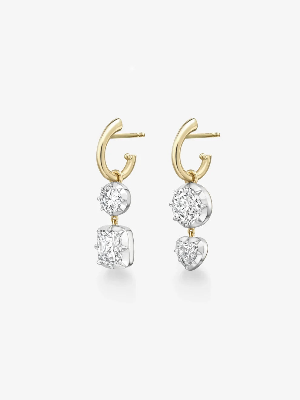 Asymmetrical Multi-Shape Diamond Drop Hoop Earrings, Yellow Gold Two-Tone Mismatched Bridal Earrings,