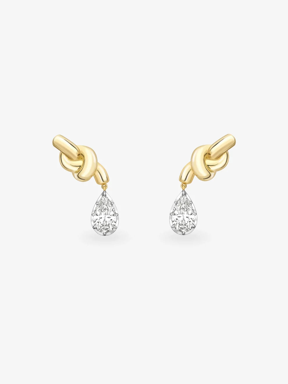 Pear Cut Diamond Love Knot Drop Earrings, Yellow Gold Knot Dangle Earrings