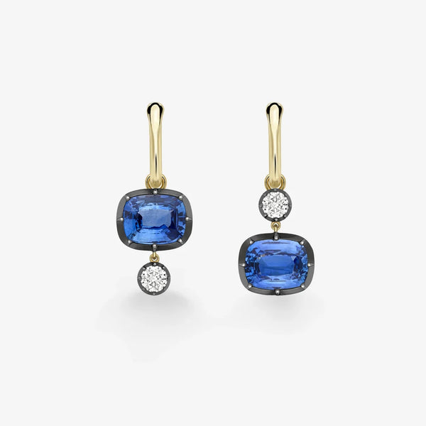 Asymmetrical Cushion Cut Blue Sapphire and Round Diamond Drop Hoop Earrings