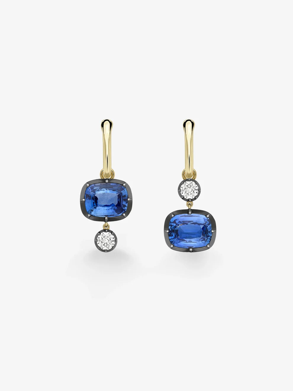 Asymmetrical Cushion Cut Blue Sapphire and Round Diamond Drop Hoop Earrings