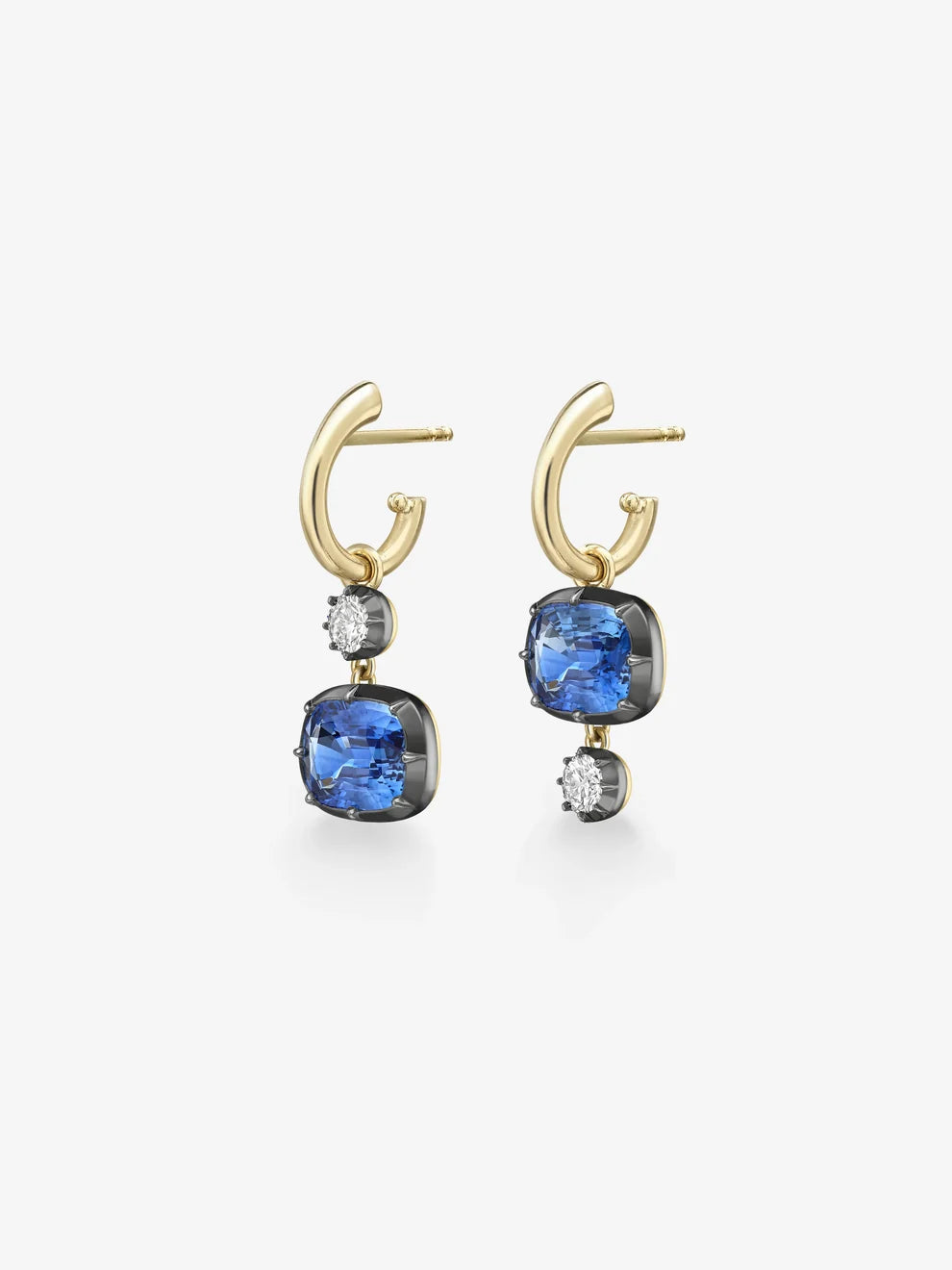 Asymmetrical Cushion Cut Blue Sapphire and Round Diamond Drop Hoop Earrings