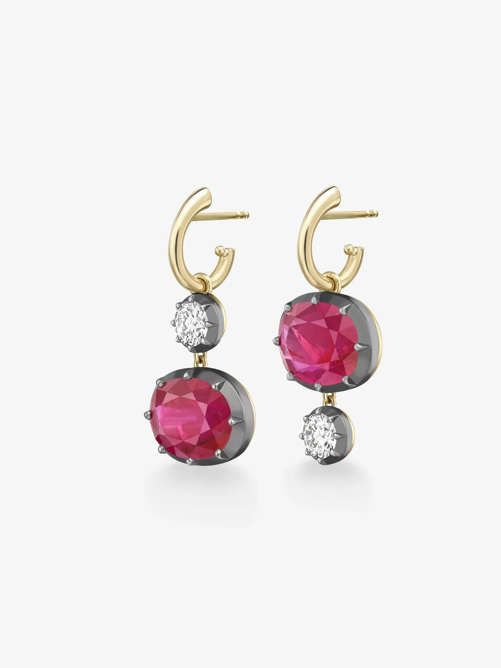 Asymmetrical Oval Ruby and Diamond Drop Earrings