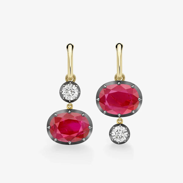 Asymmetrical Oval Ruby and Diamond Drop Earrings