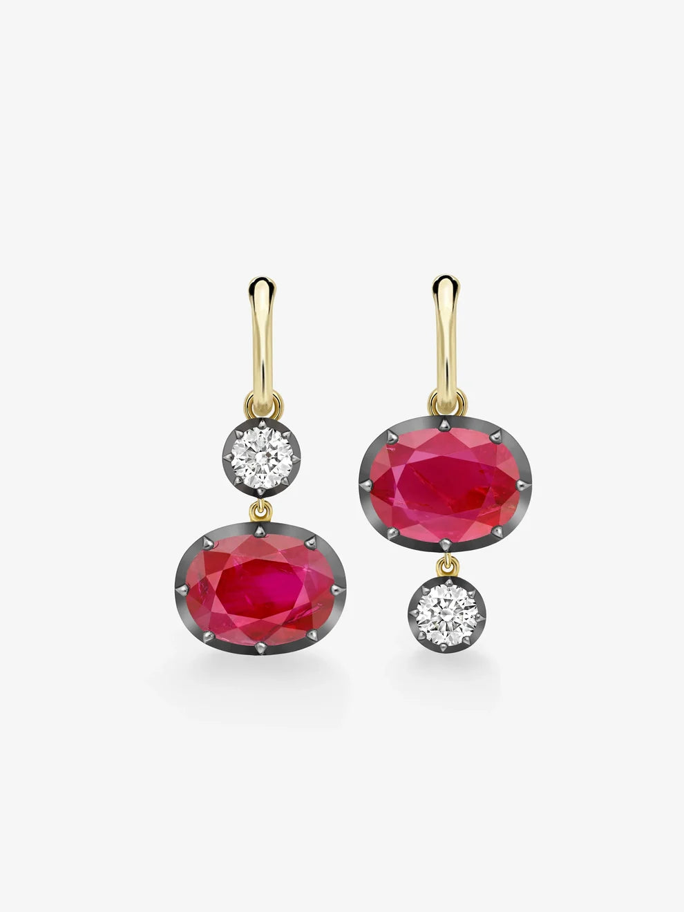 Asymmetrical Oval Ruby and Diamond Drop Earrings