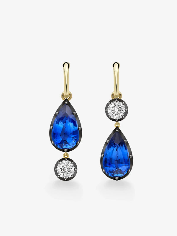 Pear Cut Lab Created Blue Sapphire & Round Diamond Asymmetrical Drop Earrings