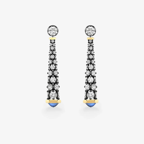 Art Deco Tapered Diamond and Blue Sapphire Drop Earrings