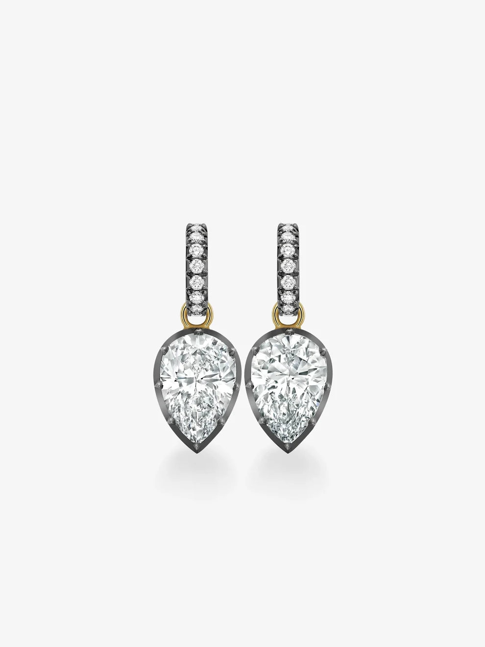 Pear Cut Lab Grown Diamond Black Enamel Huggie Drop Earrings, Yellow Gold Pavé Huggie Dangle Earrings