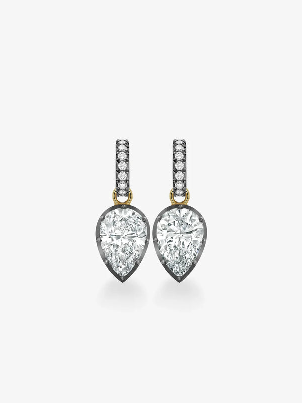 Pear Cut Lab Grown Diamond Black Enamel Huggie Drop Earrings, Yellow Gold Pavé Huggie Dangle Earrings