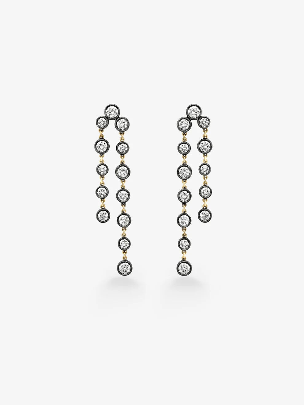 Round Cut Diamond Bezel Set Cascade Drop Earrings, Black Enamel Yellow Gold Fringe Earrings