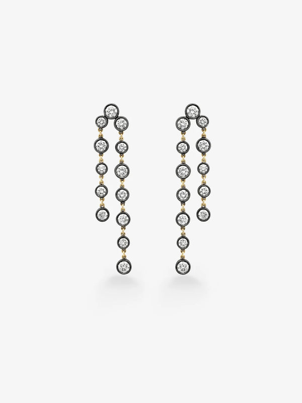Round Cut Diamond Bezel Set Cascade Drop Earrings, Black Enamel Yellow Gold Fringe Earrings
