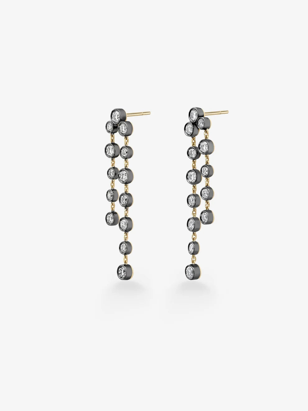 Round Cut Diamond Bezel Set Cascade Drop Earrings, Black Enamel Yellow Gold Fringe Earrings