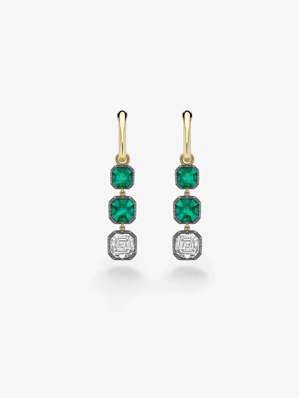Three-Stone Emerald and Diamond Linear Drop Hoop Earrings