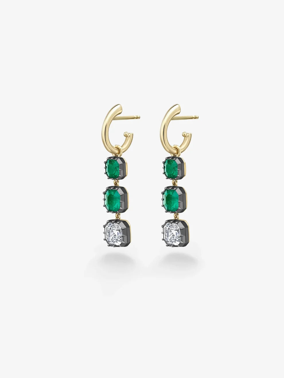 Three-Stone Emerald and Diamond Linear Drop Hoop Earrings