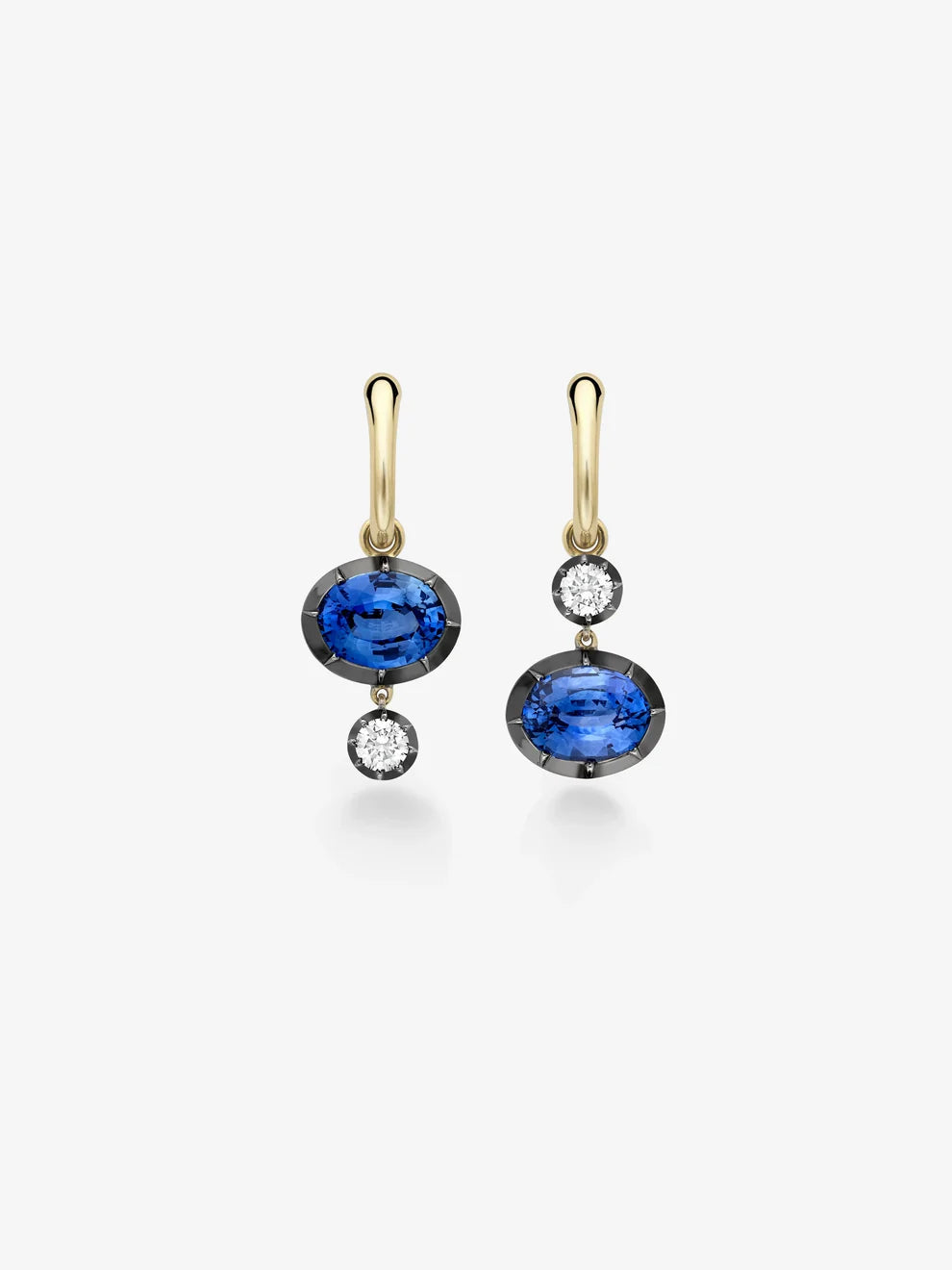 Asymmetrical Oval Blue Sapphire and Round Diamond Drop Hoop Earrings