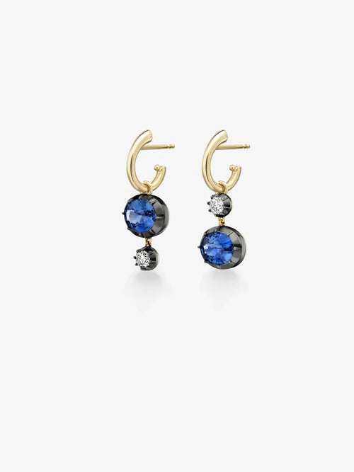 Asymmetrical Oval Blue Sapphire and Round Diamond Drop Hoop Earrings
