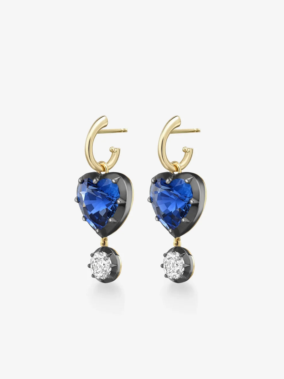 Heart Cut Blue Sapphire and Diamond Two-Tone Huggie Drop Earrings
