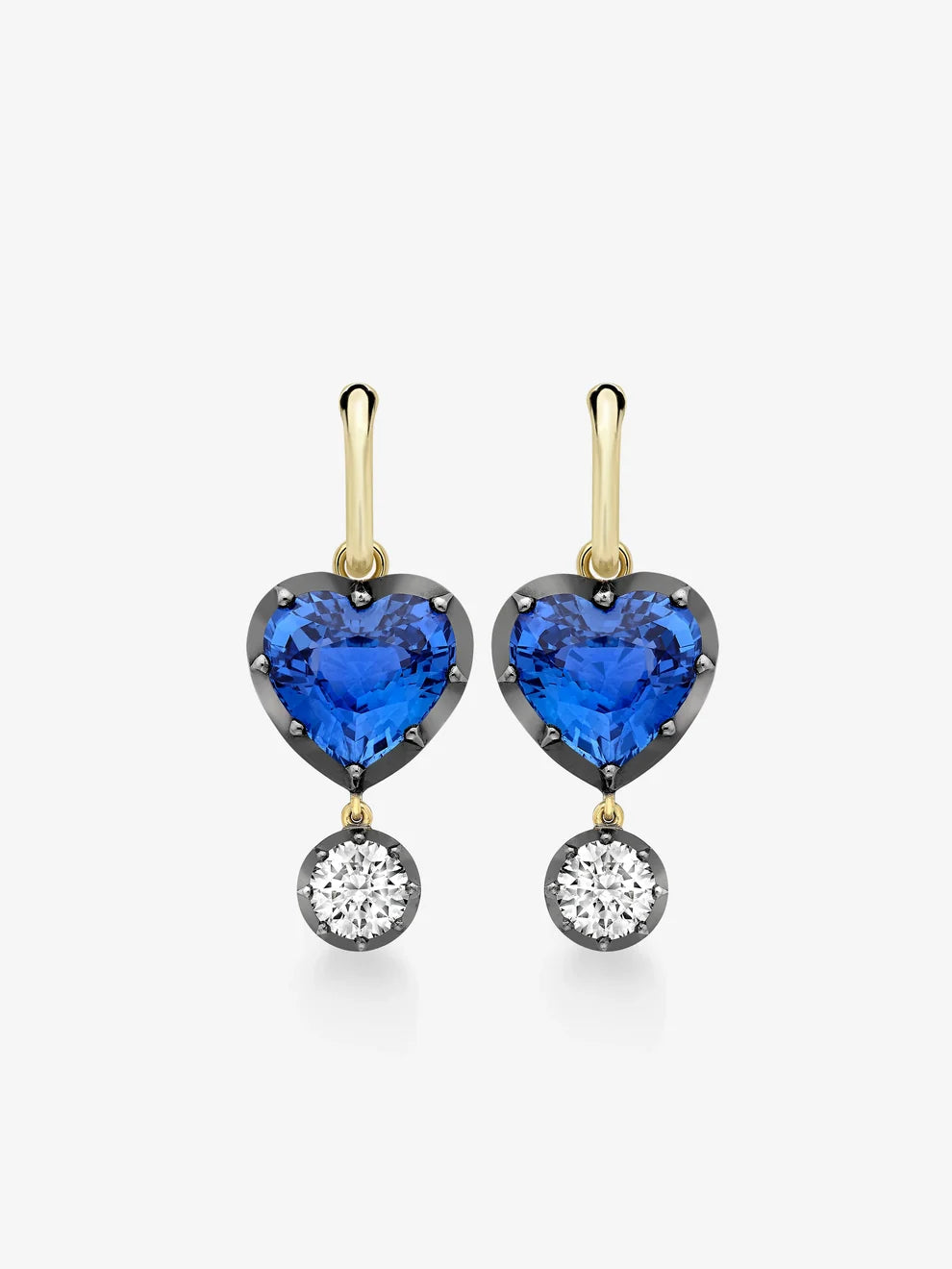 Heart Cut Blue Sapphire and Diamond Two-Tone Huggie Drop Earrings