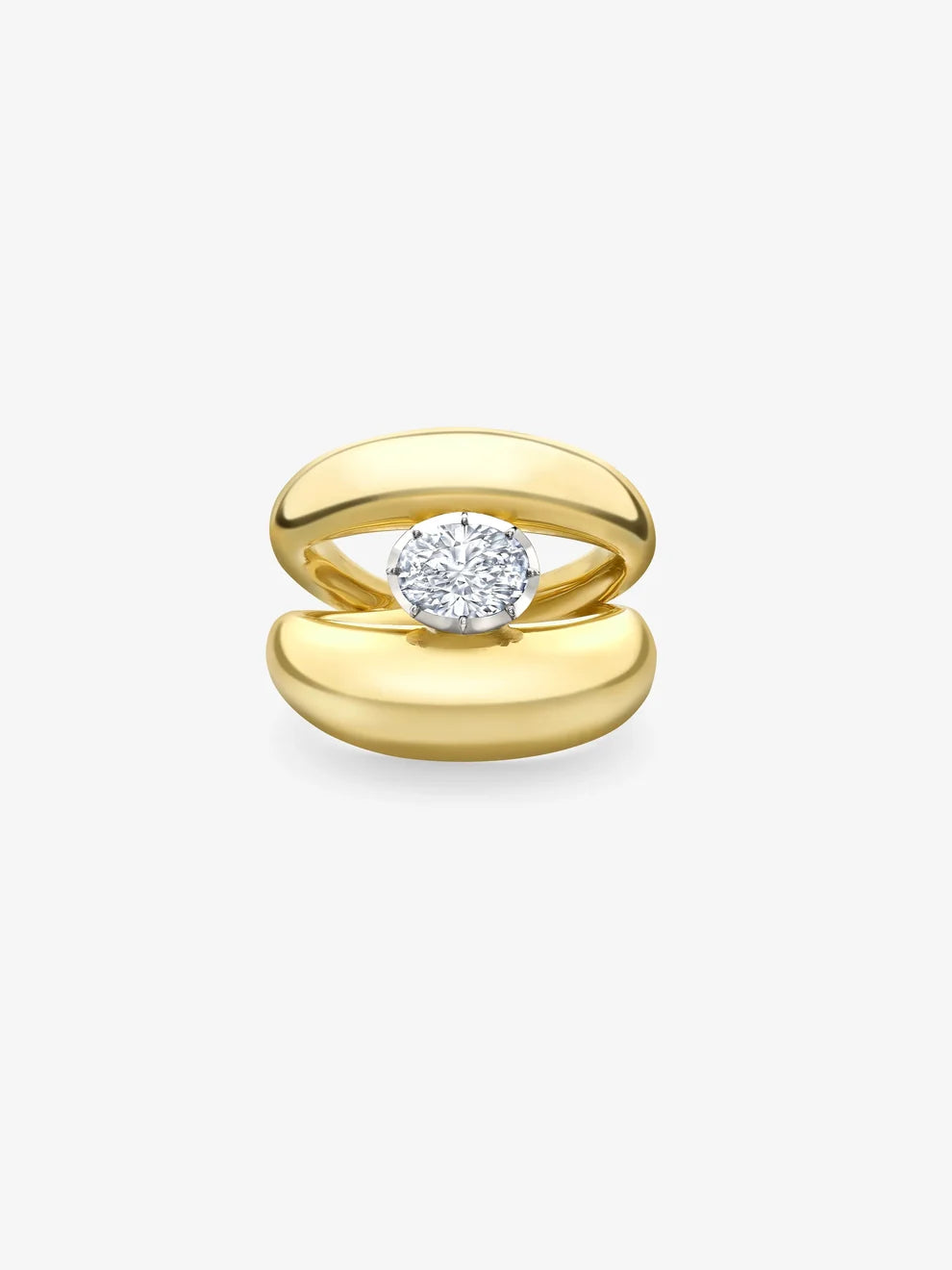 Oval Cut Lab Grown Diamond Sculptural Split Dome Ring, Yellow Gold Modernist Statement Engagement Ring